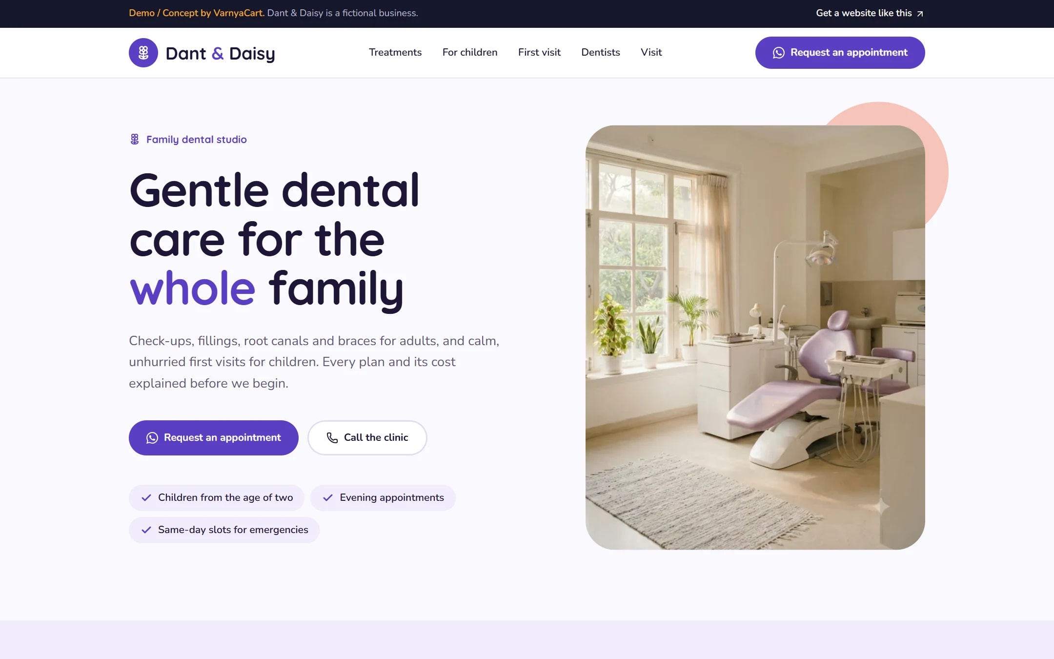 The Dant & Daisy demo website on a desktop screen