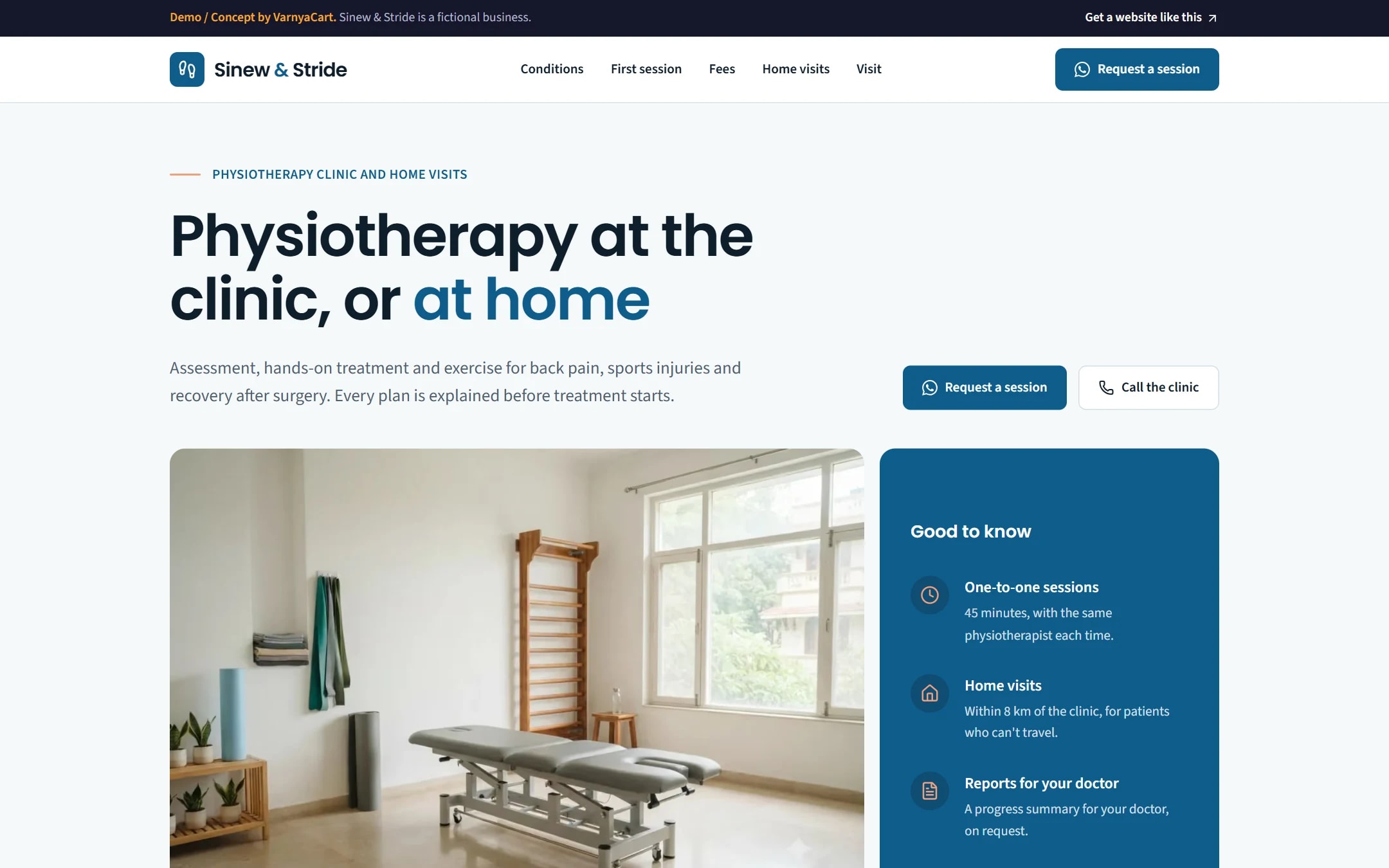 The Sinew & Stride demo website on a desktop screen