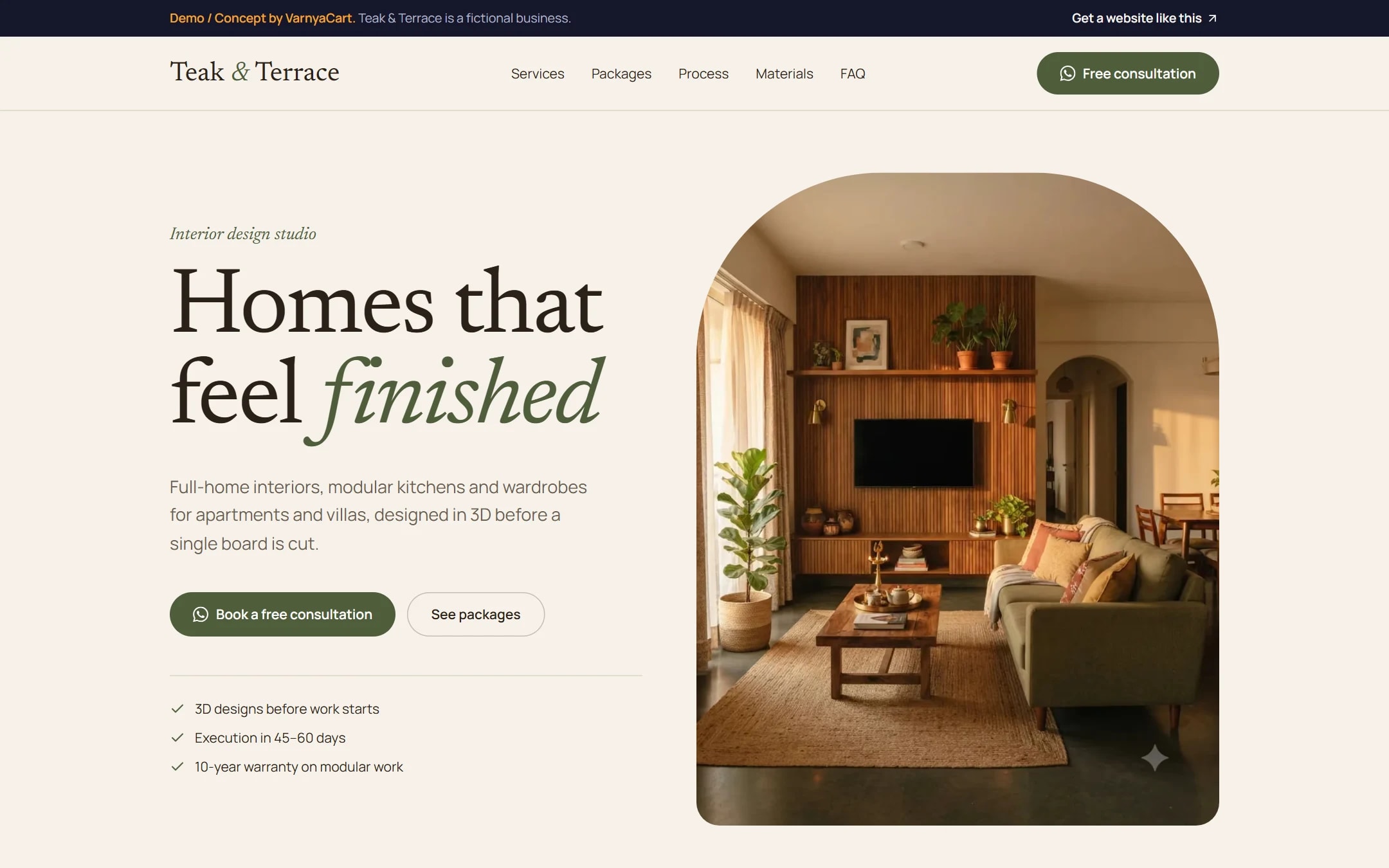 The Teak & Terrace demo website on a desktop screen