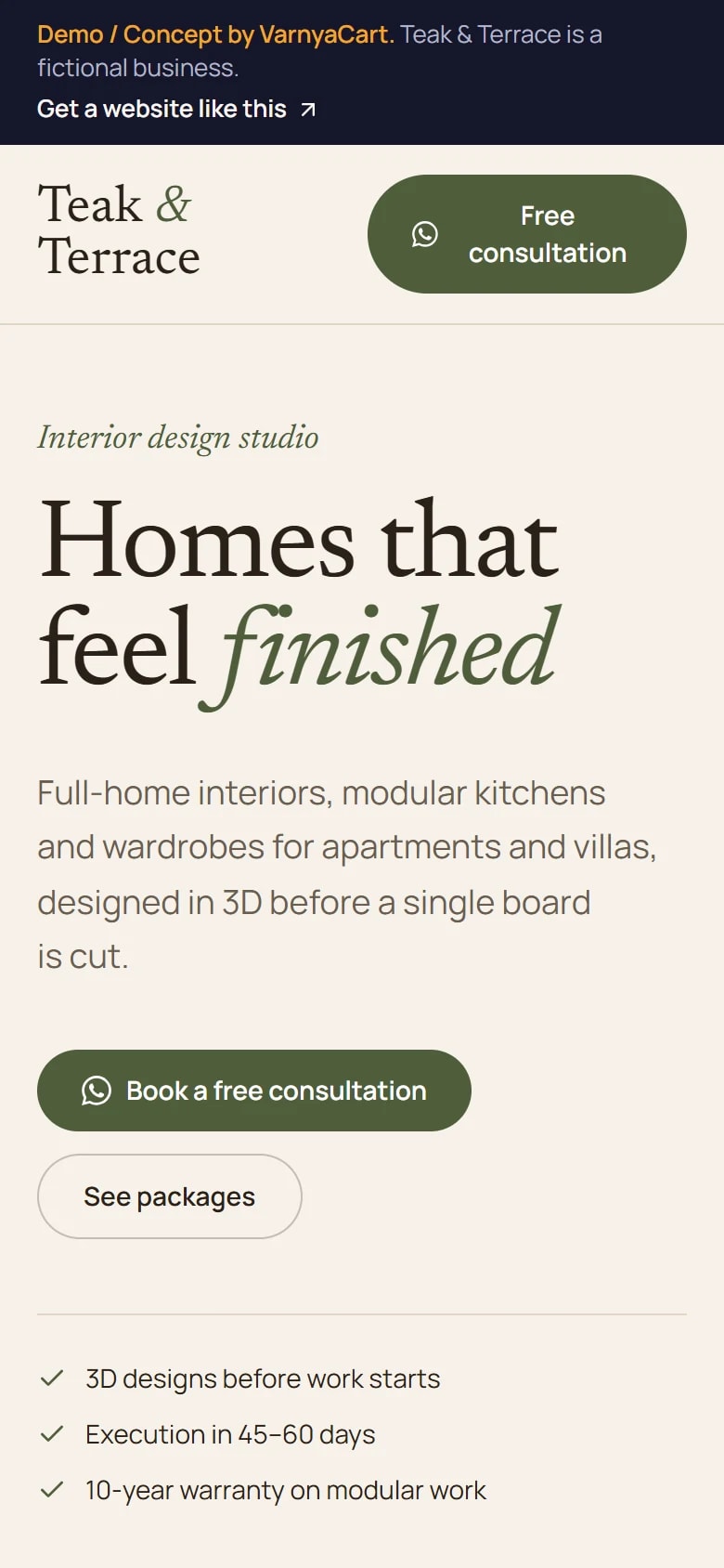 The Teak & Terrace demo website on a phone