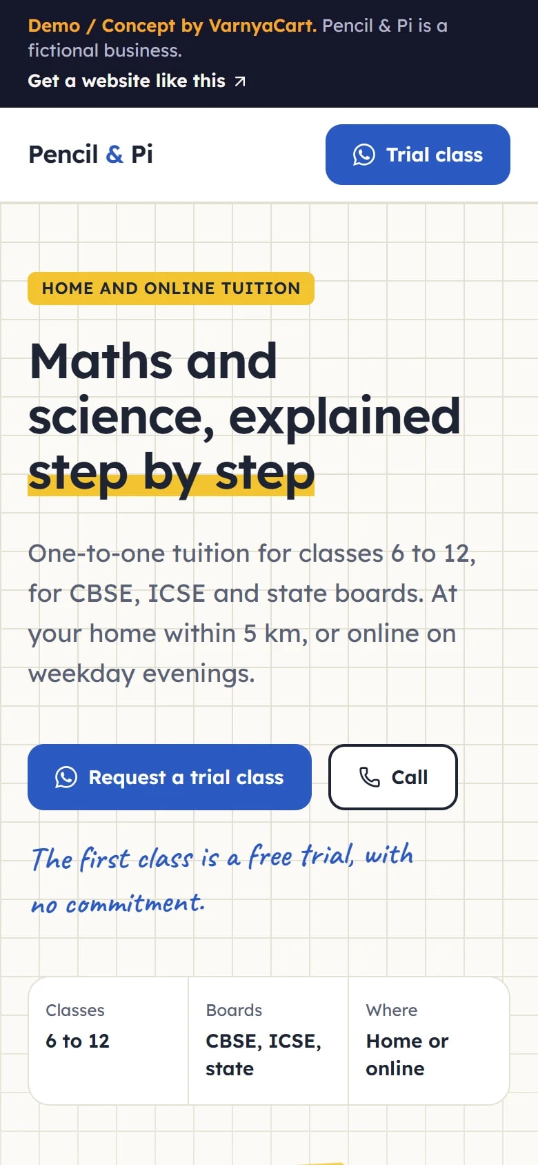 The Pencil & Pi demo website on a phone