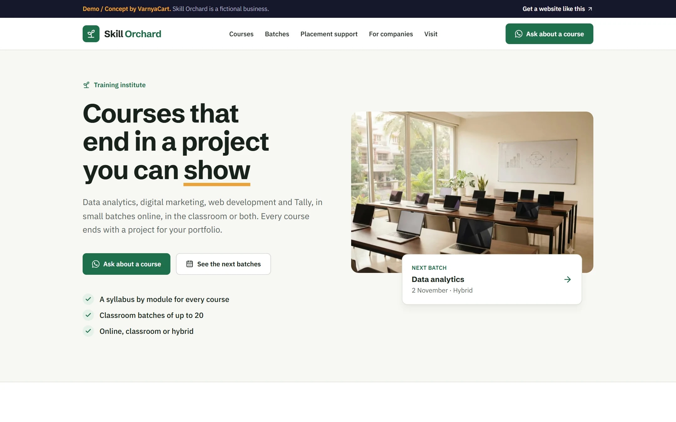 The Skill Orchard demo website on a desktop screen
