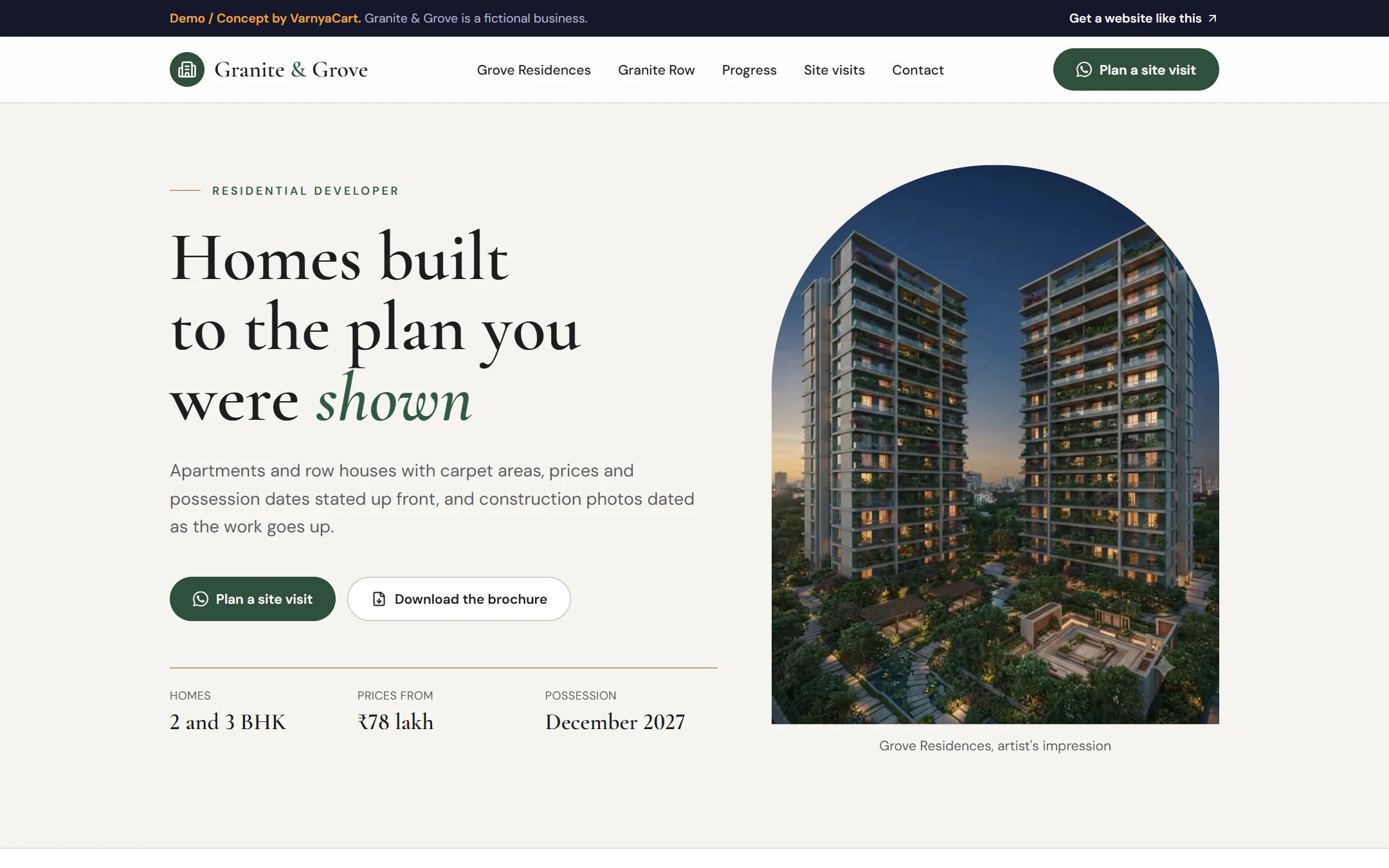 The Granite & Grove demo website on a desktop screen