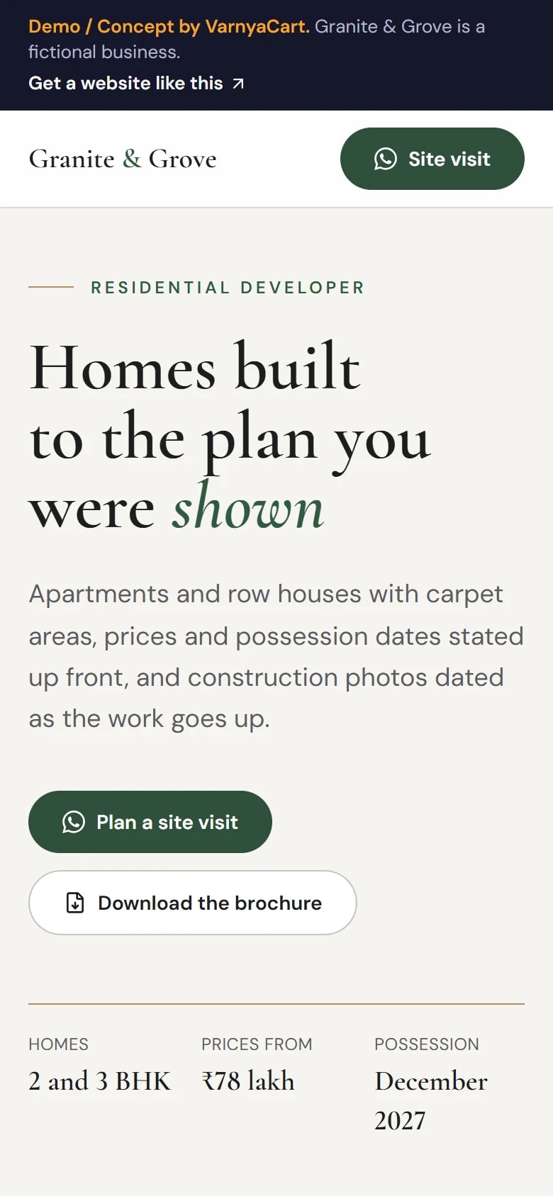 The Granite & Grove demo website on a phone