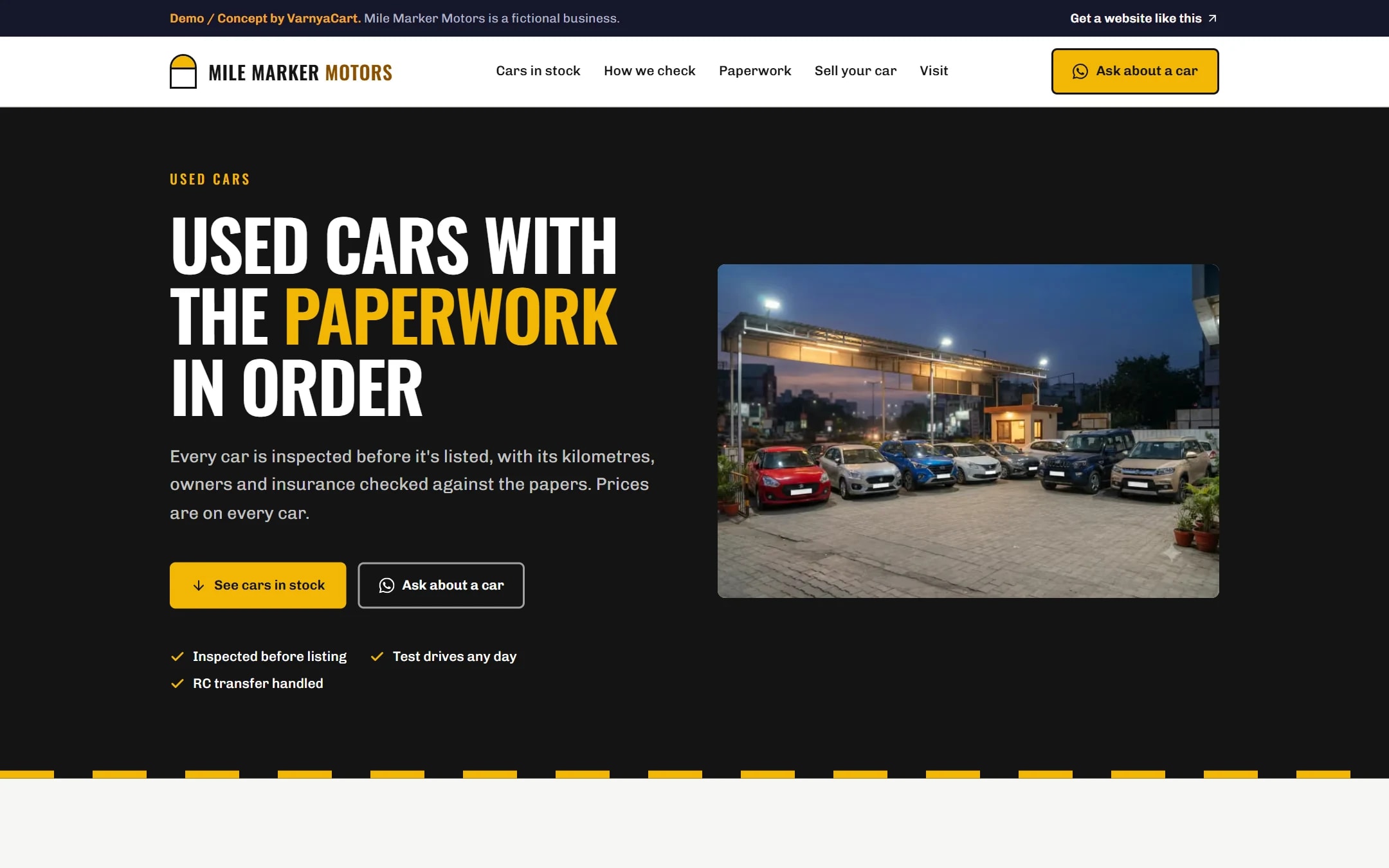 The Mile Marker Motors demo website on a desktop screen