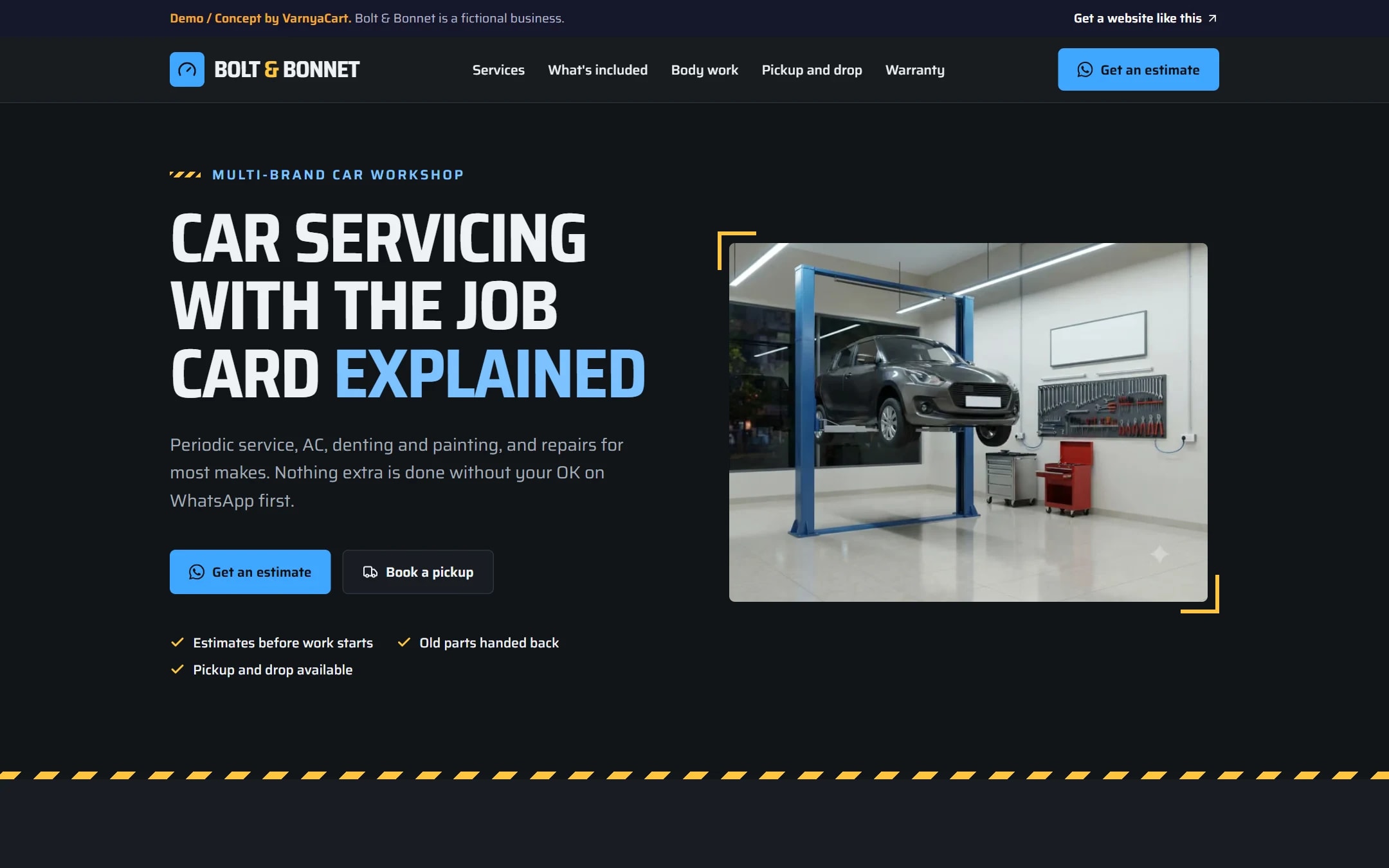 The Bolt & Bonnet demo website on a desktop screen