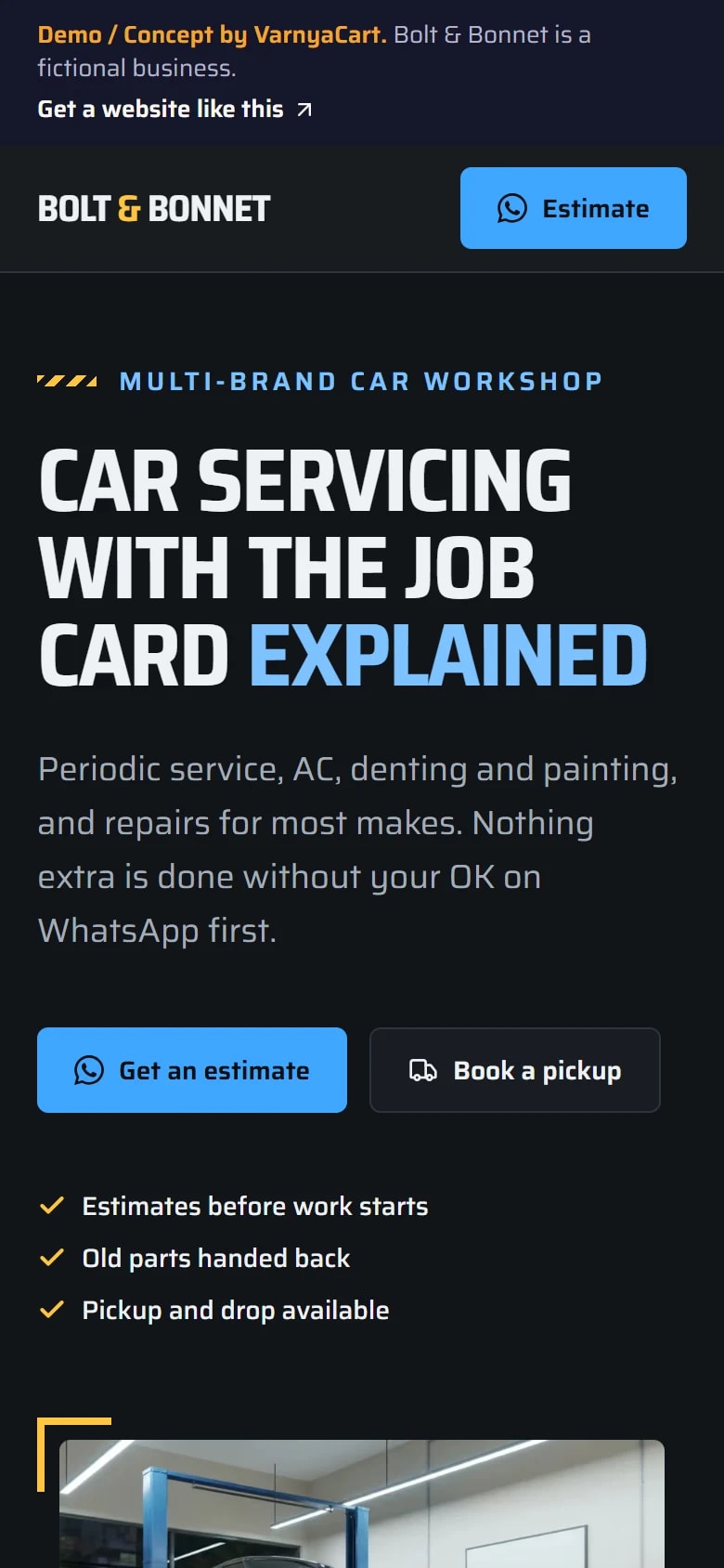 The Bolt & Bonnet demo website on a phone