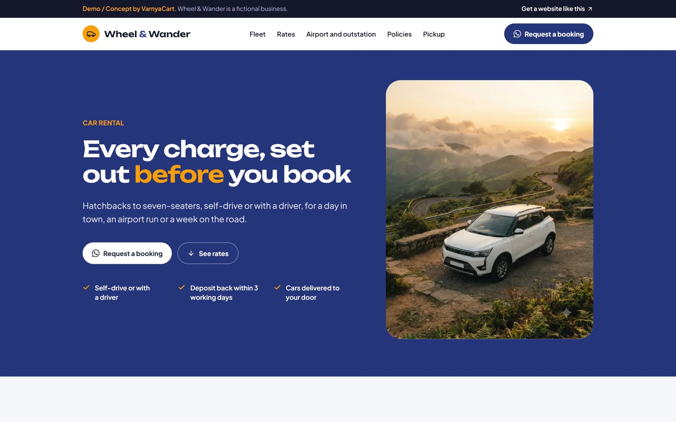 The Wheel & Wander demo website on a desktop screen