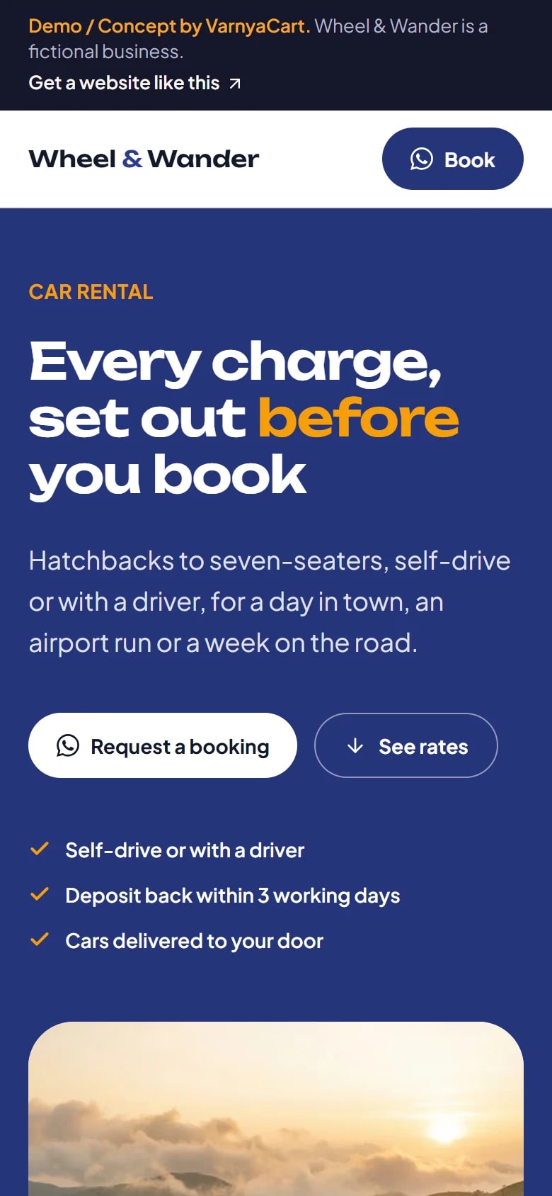 The Wheel & Wander demo website on a phone