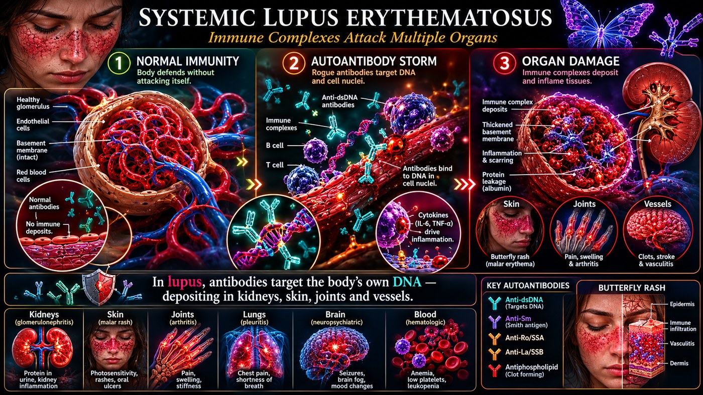Illustration: the immune mechanism of Lupus (SLE)
