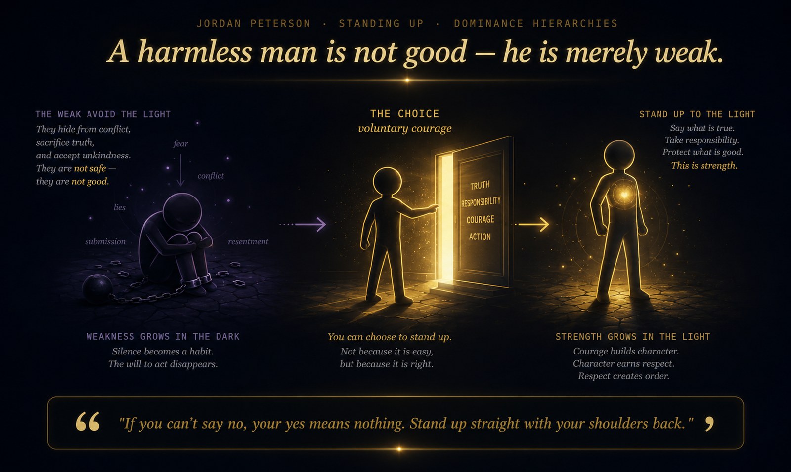 A harmless man is not good — he is merely weak. A three-panel infographic: weakness grows in the dark (a chained, head-down figure surrounded by fear, lies, submission, conflict, resentment); the choice of voluntary courage (a figure opening a door of truth, responsibility, courage, action); and strength grows in the light (an illuminated figure standing upright, with the line 'If you can't say no, your yes means nothing — stand up straight with your shoulders back')
