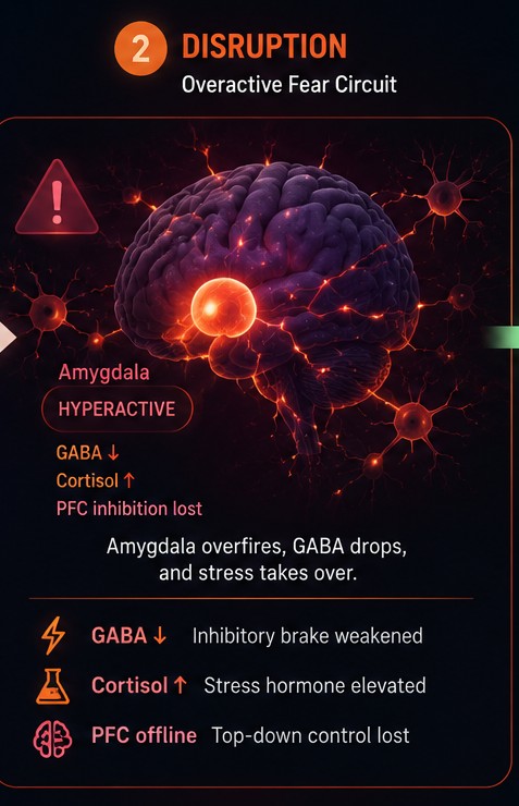 Panel 2 — Disruption: an overactive fear circuit with GABA reduced, cortisol elevated, and prefrontal inhibition lost