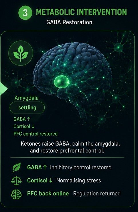 Panel 3 — Metabolic intervention: GABA restored, cortisol normalising, and prefrontal control returning