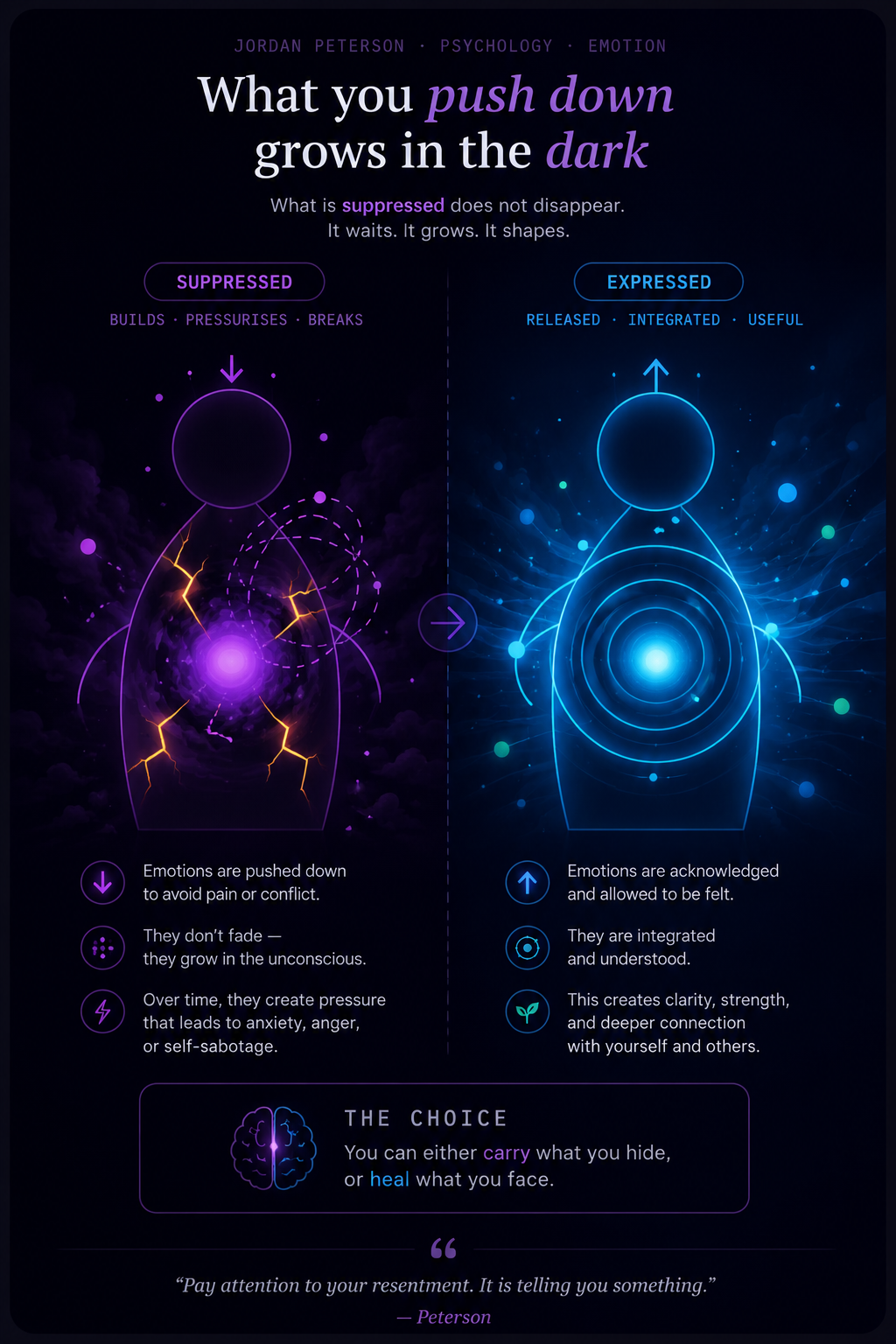 What you push down grows in the dark — suppressed vs expressed emotion infographic