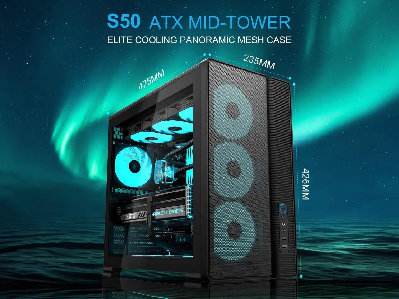 SAMA S50 ATX Mid Tower Case with 4 ARGB PWM Fans&amp;Hub,PPLP A+ High Airflow Dual-Chamber Gaming Case,USB 3.2 Gen2x2 Type-C,Supports ATX/MATX/ITX Back-Connect Motherboard,410mm GPU&amp;360mm Radiator - Nuevo vista 2