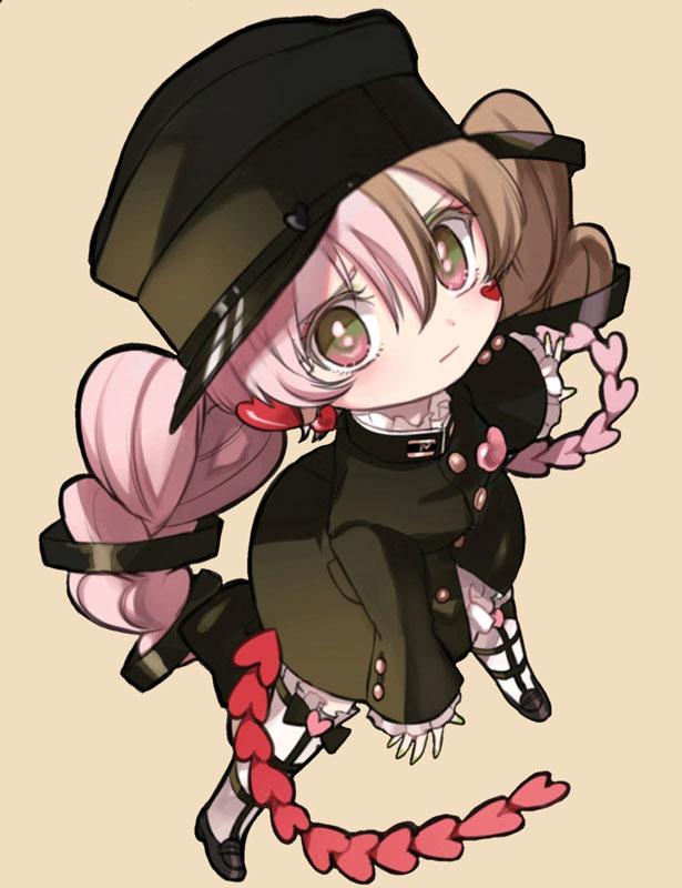 7753, pronounced Nanakosan, a Magical Girl in a boy's school uniform with brown and pink hair tied into heart-shaped braids.