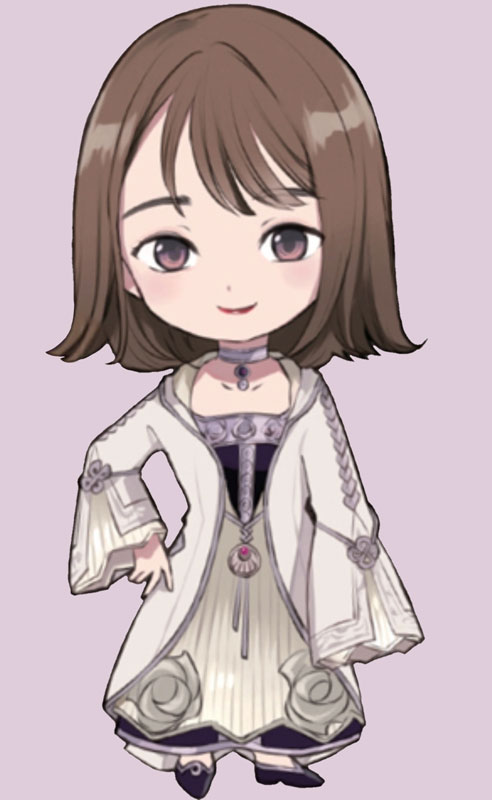 Agrielreymwaed Quarky, a young woman with short brown hair wearing white robes.