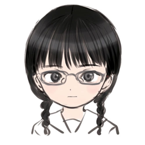 Clantail's human form, Nene Ono, an eight-year-old girl with glasses, braids, and a serious look.