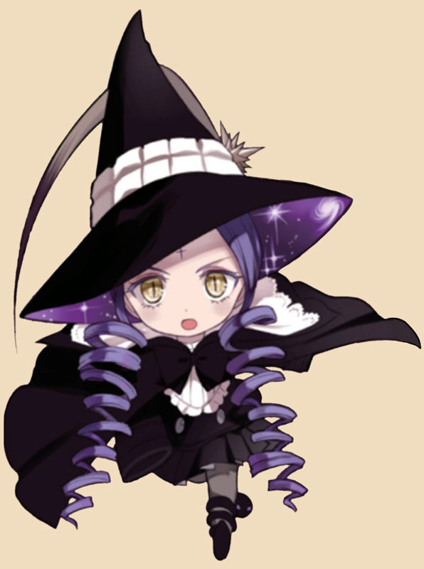 Mana, a girl with curly purple hair, wearing a black cloak and wizard's hat.