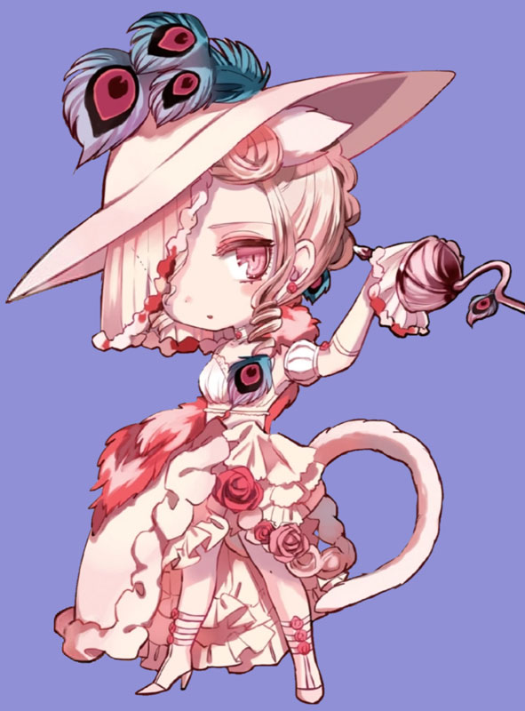 Miss Marguerite, a Magical Girl in a pink fencer's outfit, wearing a large head decorated with feathers.