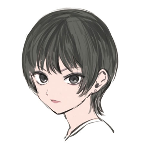 Miss Marguerite's human form, Kaoruko Rokugou, a woman in her twenties with short black hair and a serious expression.