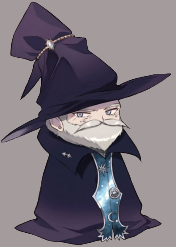 Ragi Zwe Nento, an elderly man with a grey beard, wearing a blue cloak and wizard's hat.