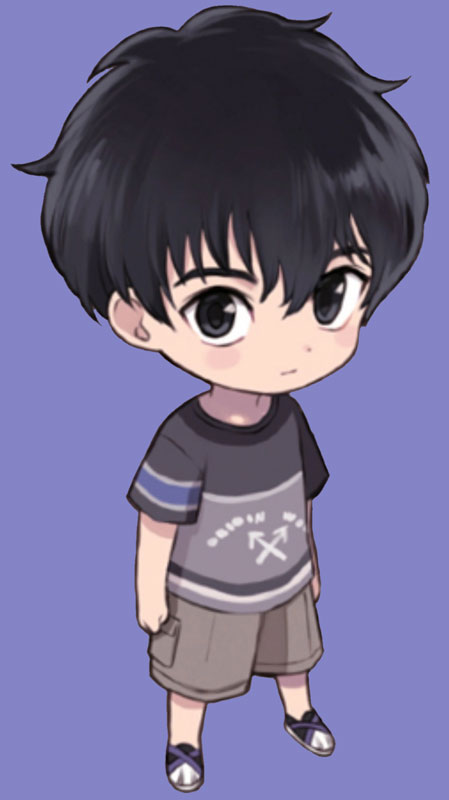 Touta Magaoka, a young boy with short black hair wearing a t-shirt and shorts.