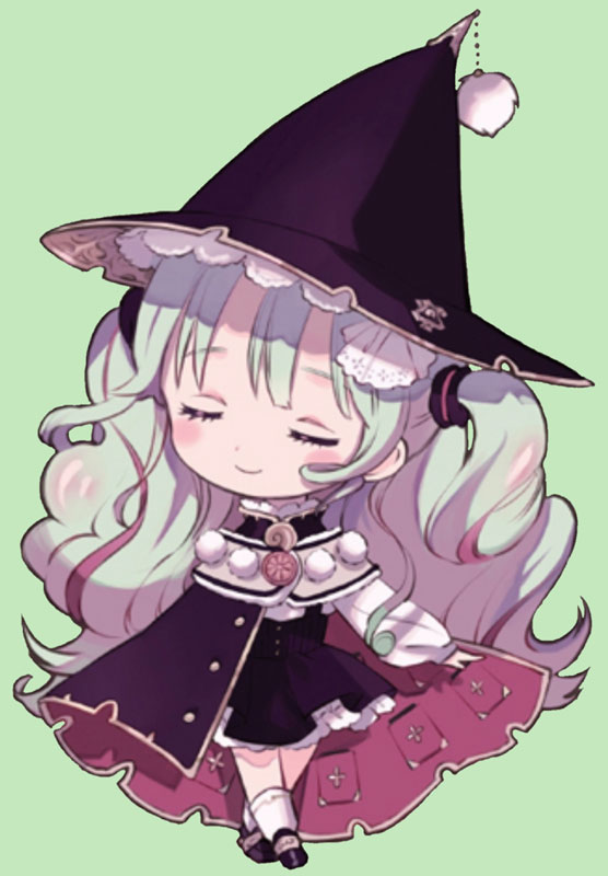 Yol, a young girl with curly green hair, wearing purple robes and a witch's hat.