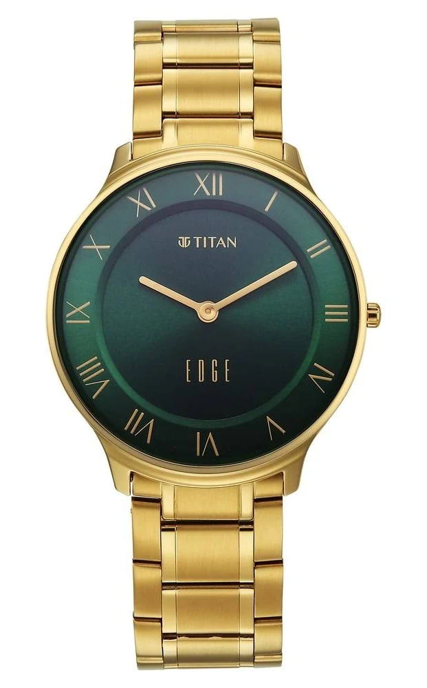 Titan Edge Gleam Quartz Analog Green Dial Golden Stainless Steel Strap Watch For Men