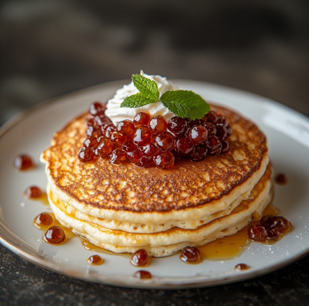 Passion Fruit Caviar & Vanilla Bean Soufflé Pancakes