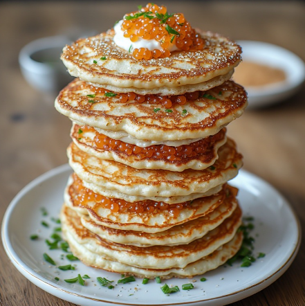 Ossetra Caviar & Crème Fraîche Blini Tower with Gold Dust