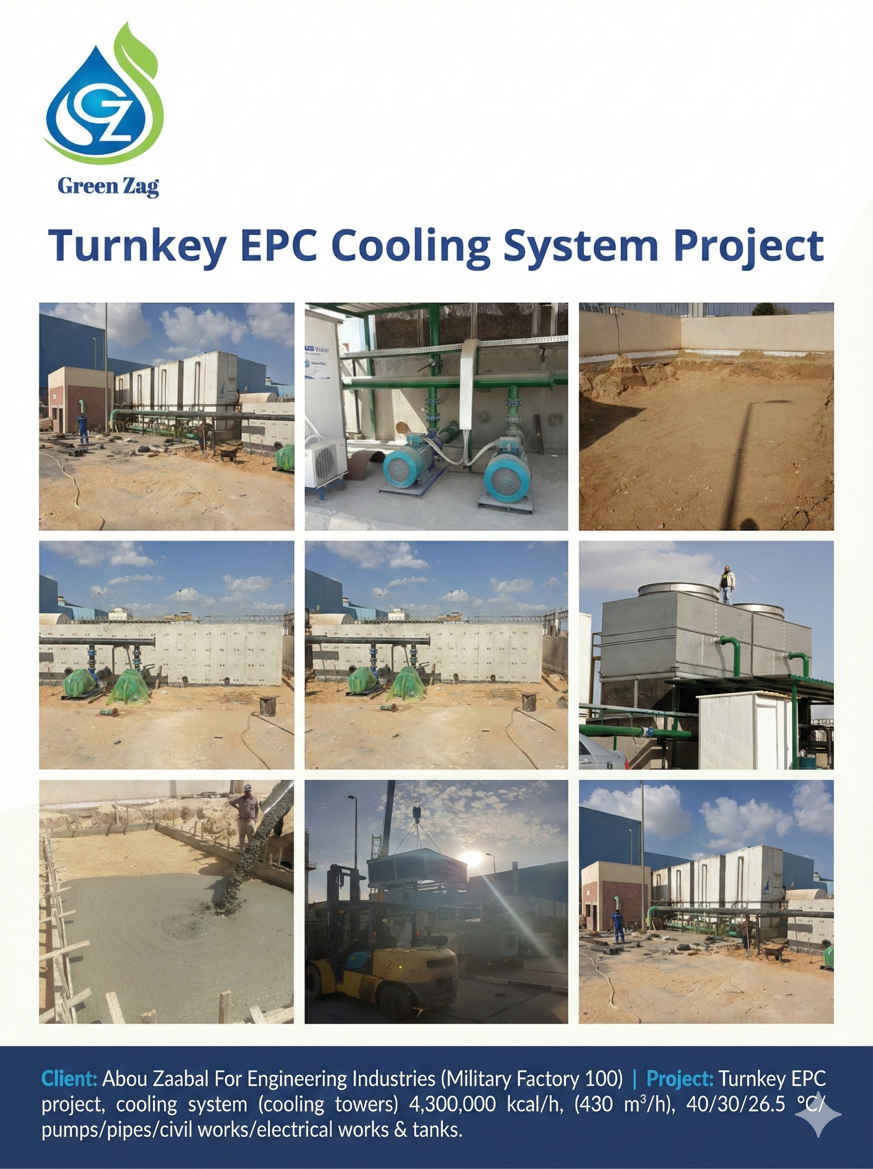 Turnkey EPC project, cooling system (cooling towers) 4.300.000 kcal/h, (430 m³/h),  40/30/26,5 °C/ pumps/pipes/civil works/electrical works & tank, Client: Abou Zaabal For Engineering Industries.