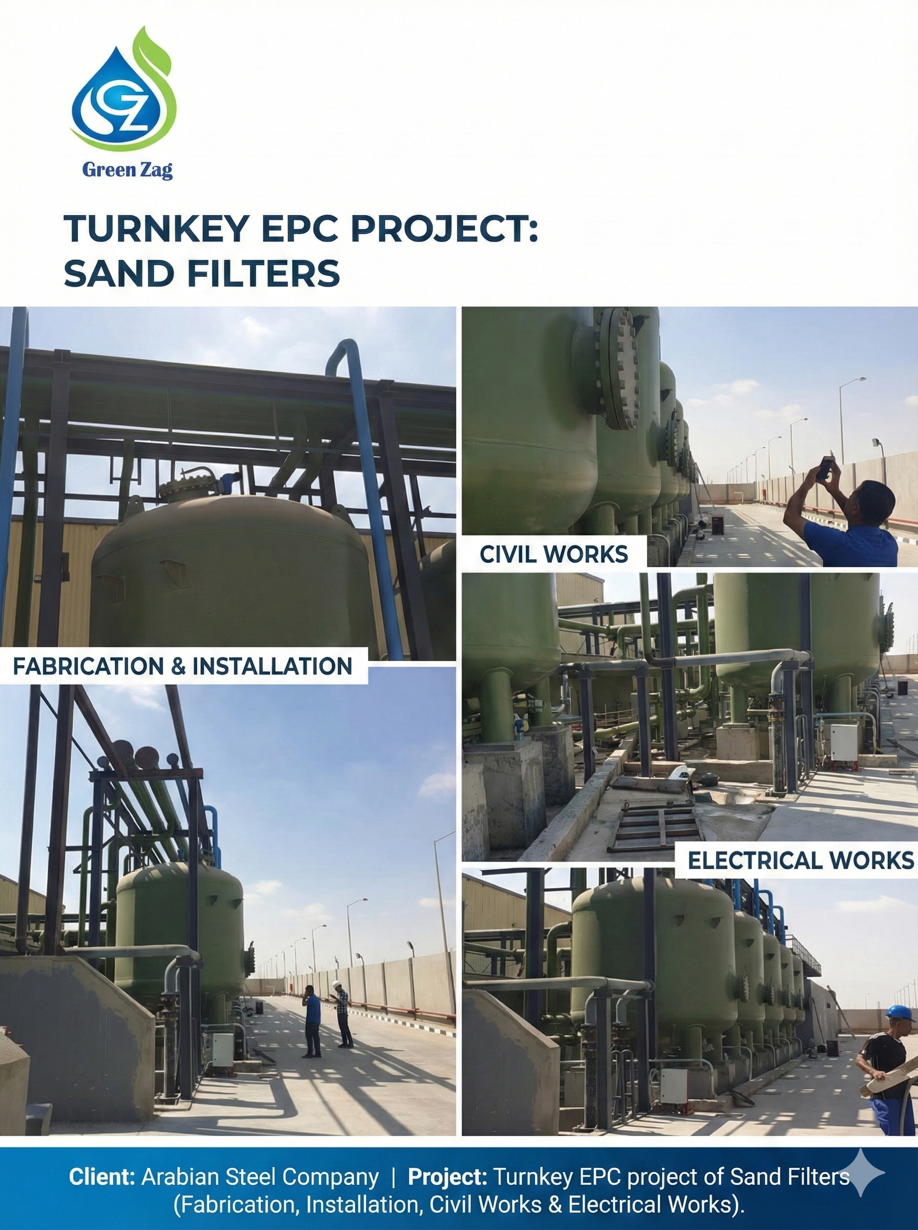 Turnkey EPC project of Sand Filters (Fabrication, Installation, Civil Works &  Electrical Works), Client: Arabian Steel Company