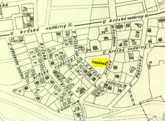 Krčská Vodárna na katastrální mapě z&nbsp;roku 1938