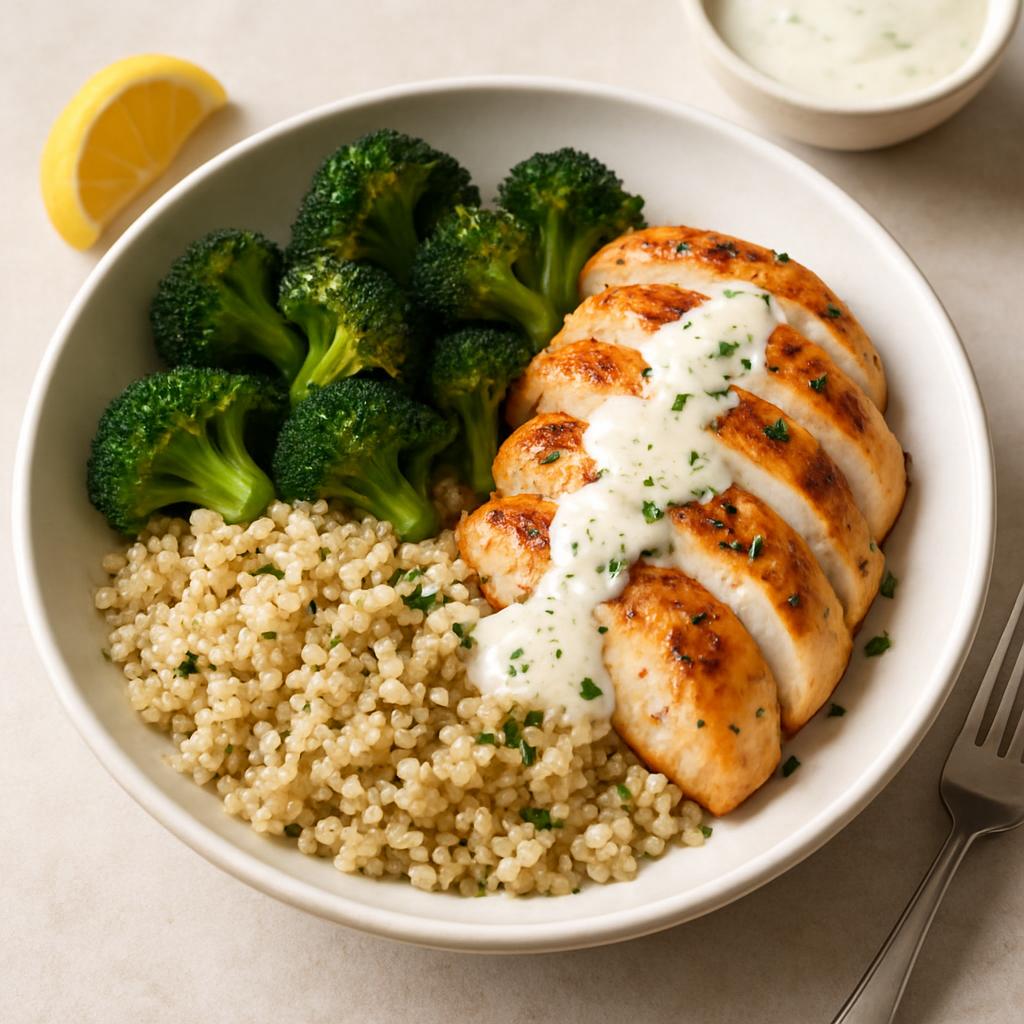 Lemon-Garlic Chicken Quinoa Bowl with Roasted Broccoli recipe