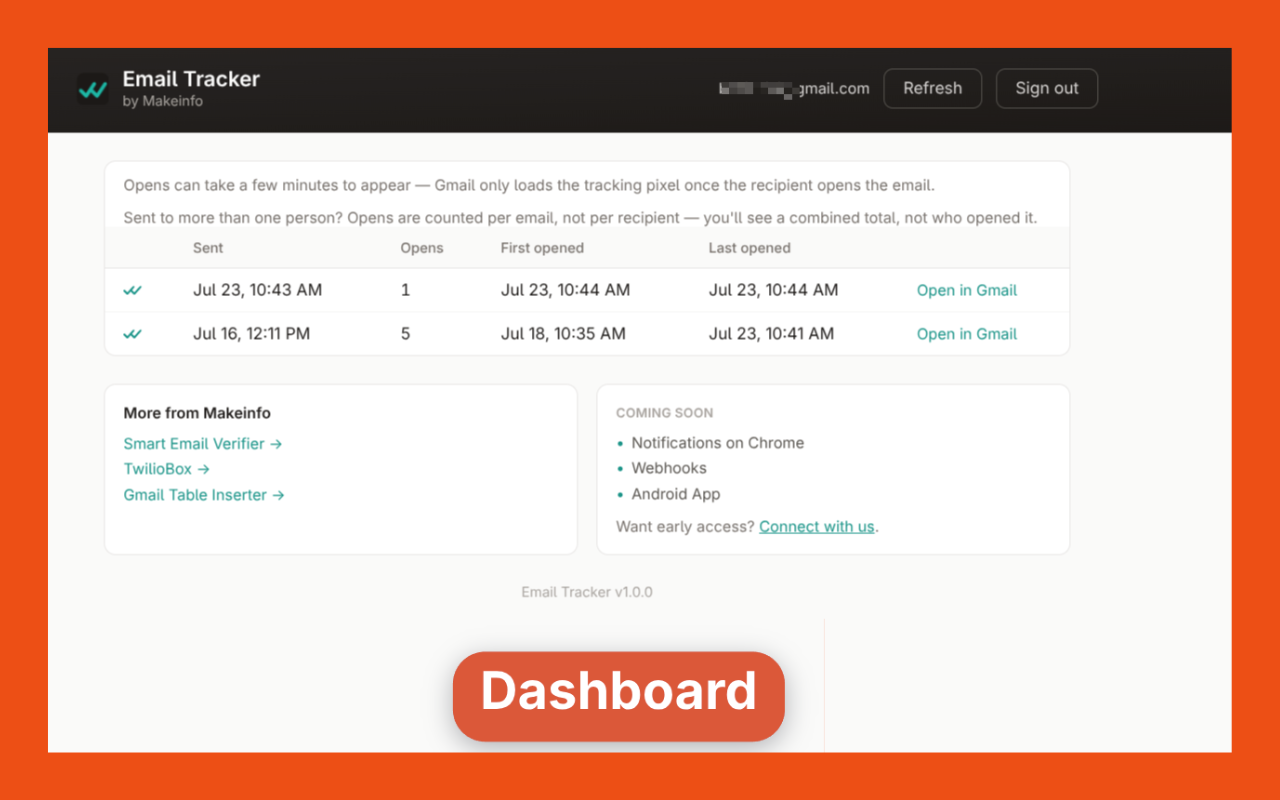 Email Tracker built-in dashboard showing sent and opened emails