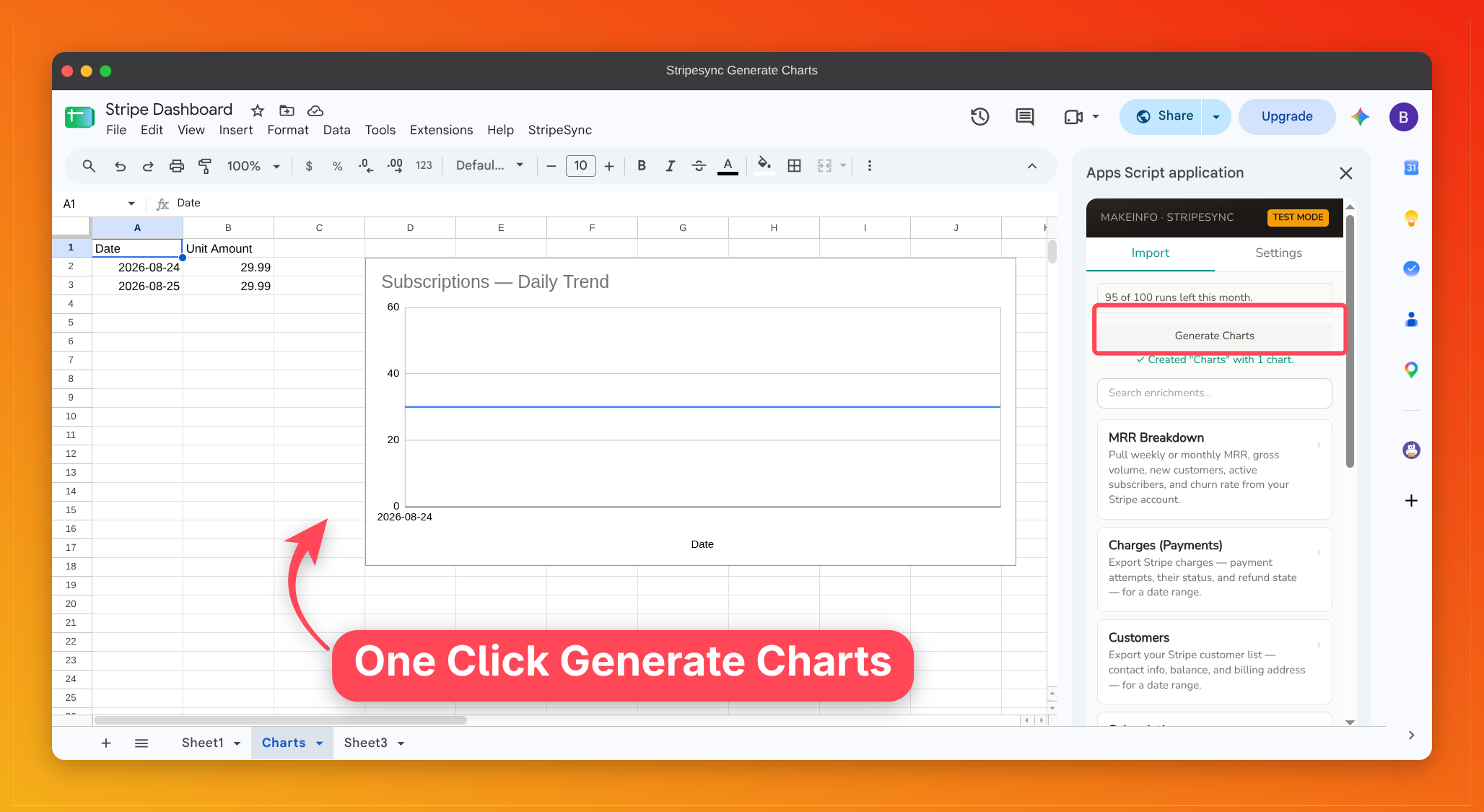 Stripesync for Sheets sidebar — Step 1: connect your Stripe key and choose granularity