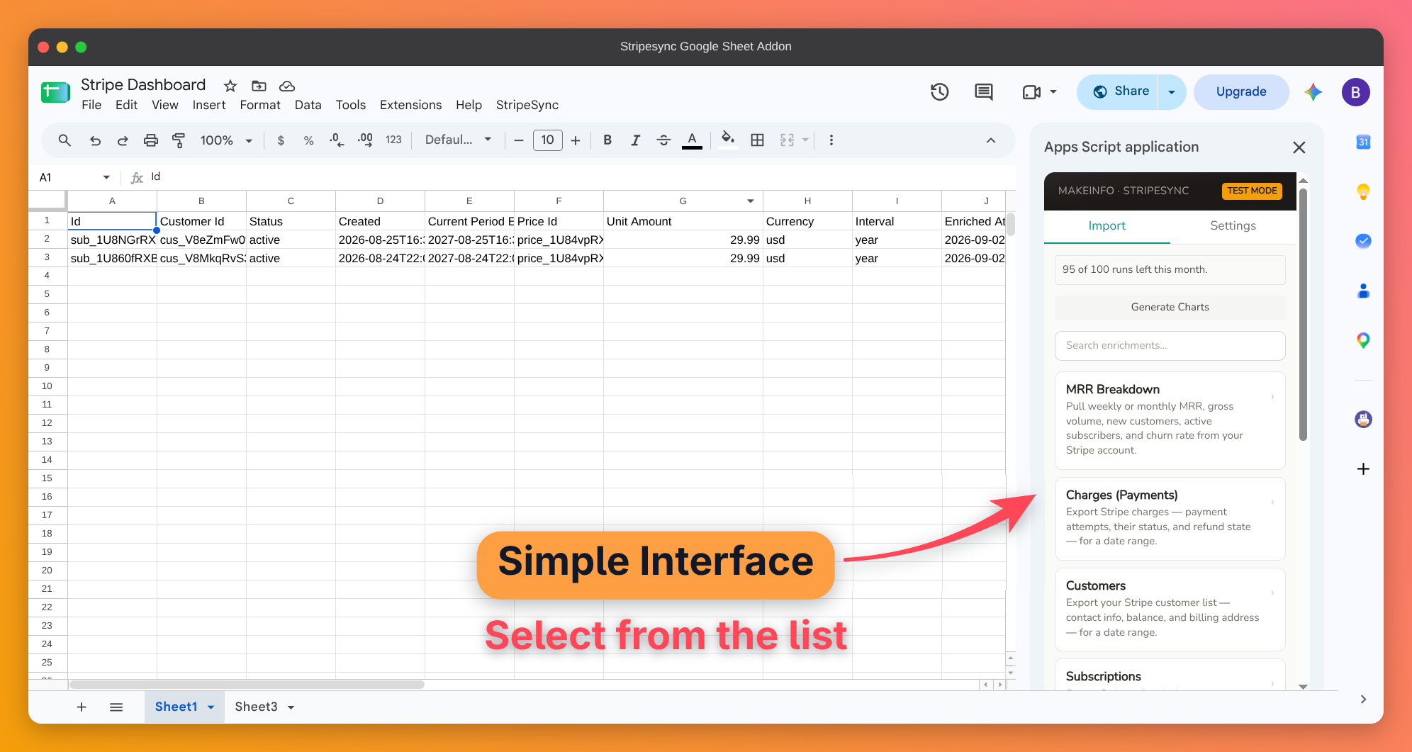 Stripesync for Sheets sidebar — Step 2: import data and generate native charts