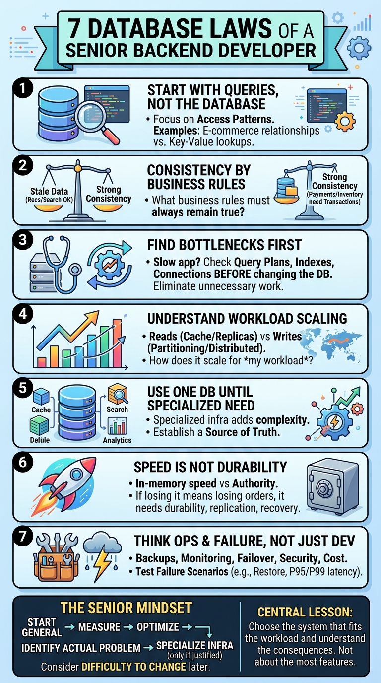 Infographic of the 7 database laws for how to choose a database: start with queries, consistency by business rules, find bottlenecks first, understand workload scaling, use one database until you have a specialized need, speed is not durability, and think ops and failure, not just dev.