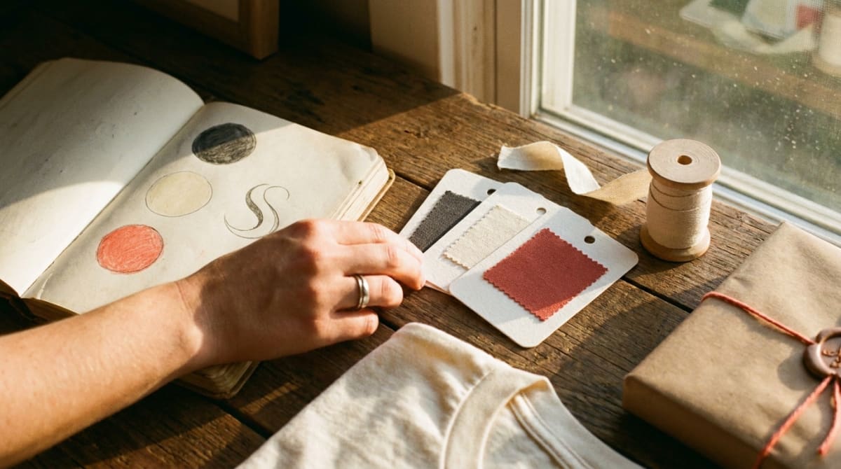 A brand kit flat lay: color swatches, a tag, a parcel, and fabric on a warm wooden table