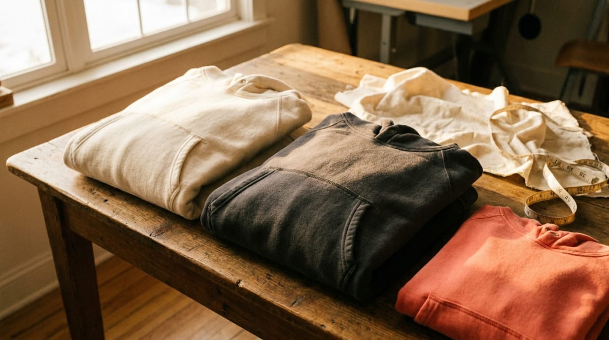 Heavyweight cream and charcoal hoodies folded on a wooden table with ribbed cuffs in view