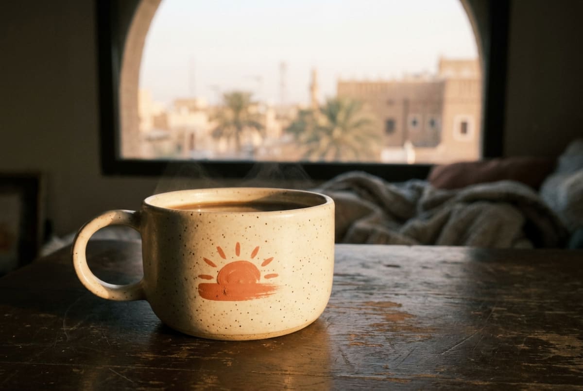 كوب سيراميك كريمي بطباعة مرجانية بسيطة على طاولة خشبية دافئة مع بخار قهوة الصباح
