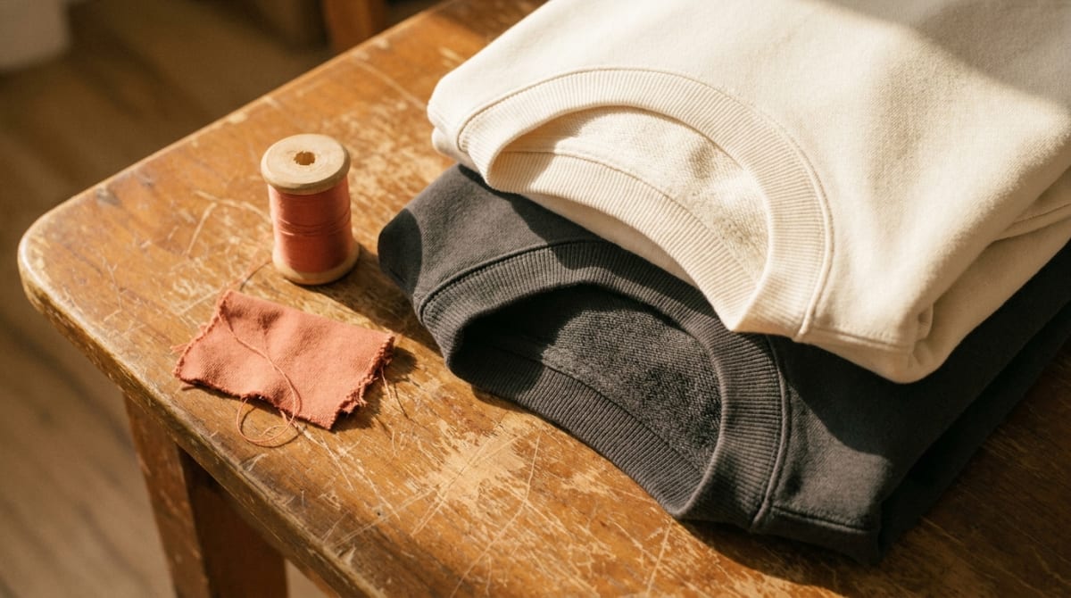 Cream and charcoal crewneck sweatshirts folded on a wooden table with ribbed trims in view