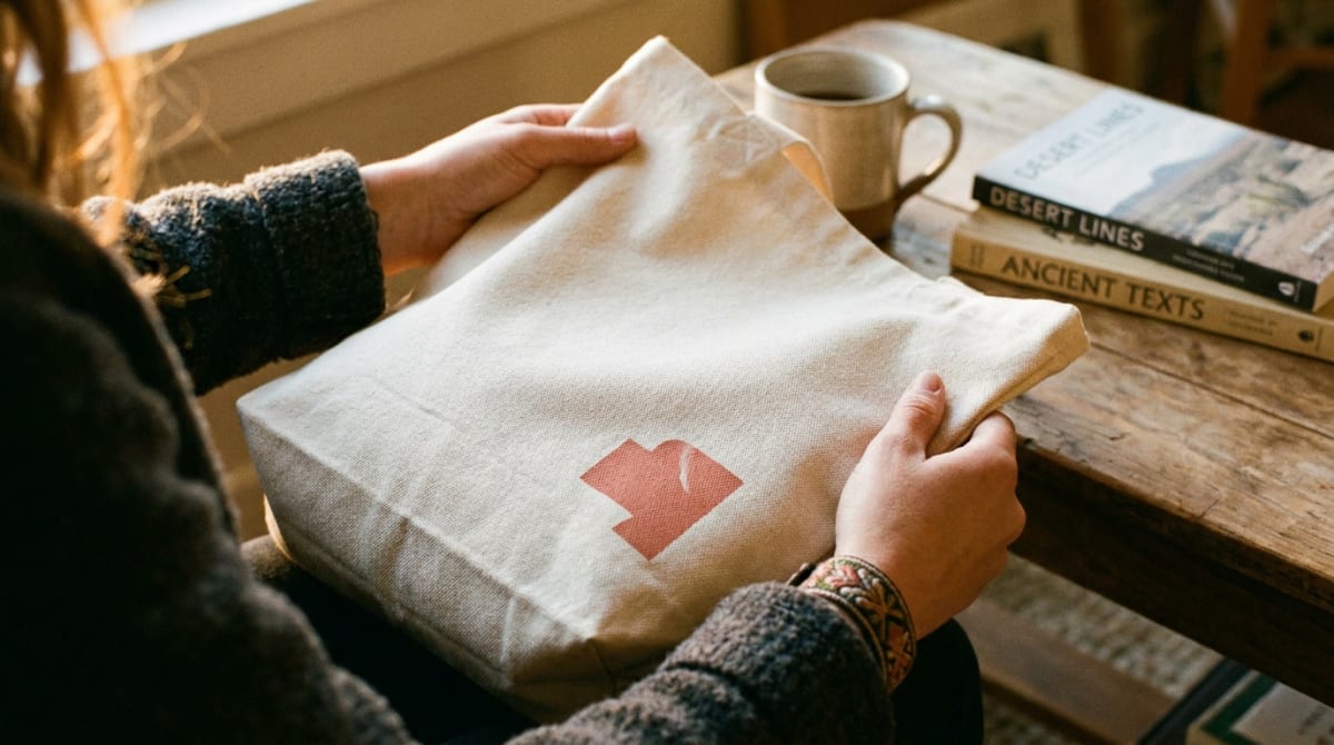 Natural cotton canvas tote bag with a minimal coral print, held in warm afternoon light