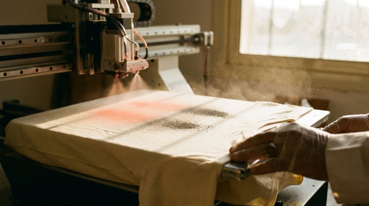 A DTG printer laying ink onto a cream cotton tee