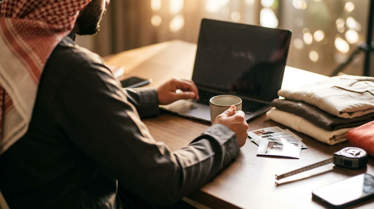 A store owner reviewing ad campaign performance on a laptop with products beside them on a warm desk