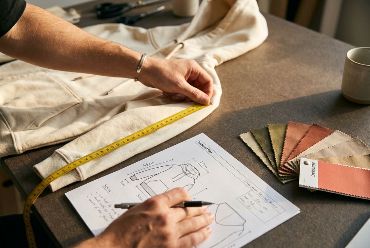 A designer's desk with technical flat sketches, a hoodie, a measuring tape, and fabric swatches