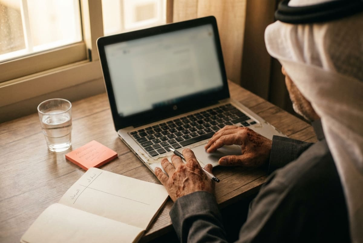 تاجر سعودي يوازن بين خيارين على حاسوبه المحمول عند مكتب دافئ