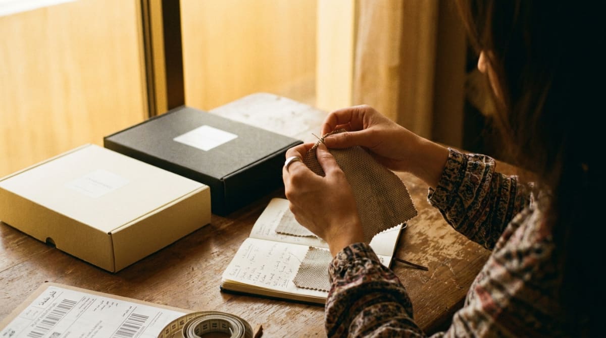 A seller inspecting a product sample and comparing packaging before approving a supplier