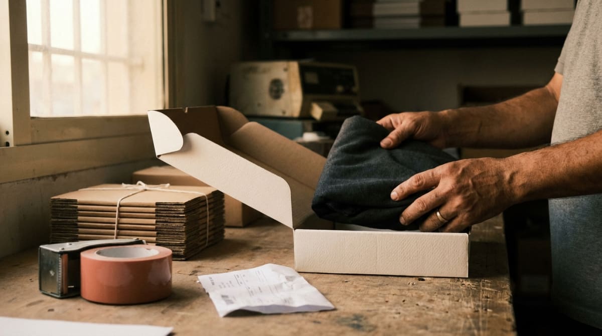 An organized warehouse with stocked shelves and a worker packing an order in warm light